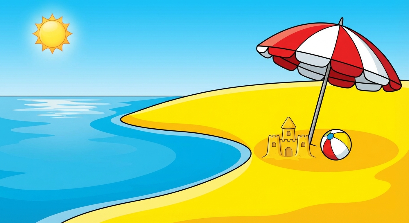 Dessin coloré style bande dessinée : une plage de sable jaune ensoleillée, une mer bleue calme, un parasol rouge et blanc planté dans le sable, un château de sable et un ballon de plage.