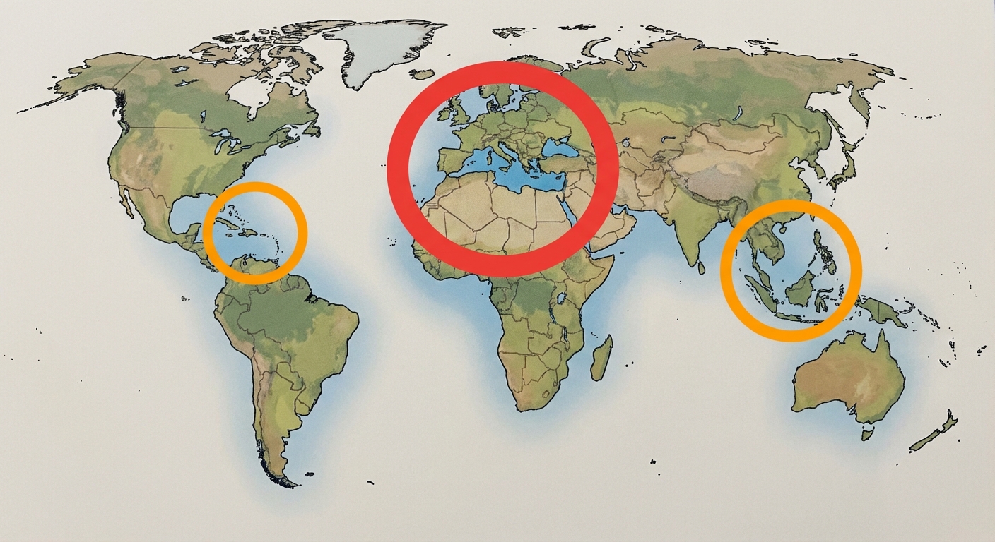 Carte du monde simplifiée style scolaire. Mise en évidence du bassin méditerranéen avec un gros cercle rouge. Mise en évidence de la mer des Caraïbes (Amérique) et de l'Asie du Sud-Est avec des cercles oranges plus petits.