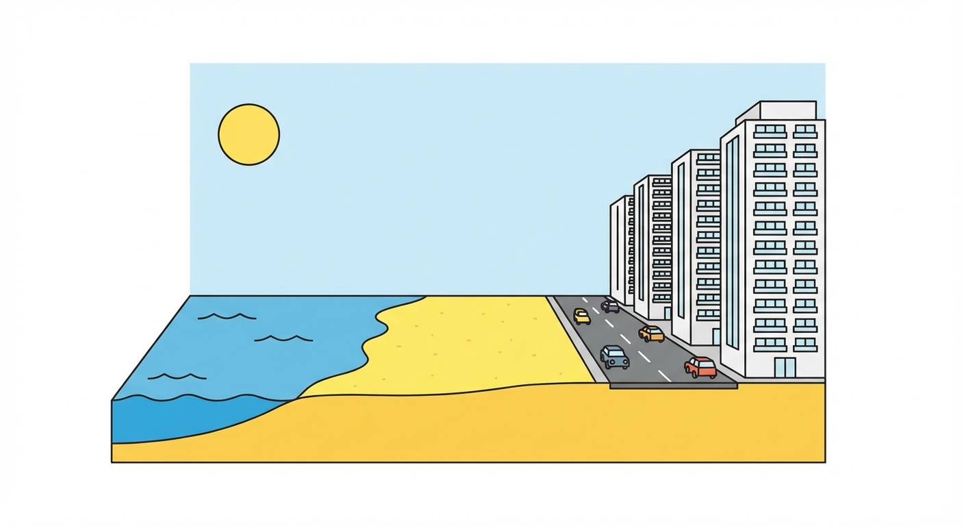 Schéma simple en coupe vue de côté. De gauche à droite : la mer bleue, une plage de sable jaune, une route grise avec des voitures, et une ligne de hauts immeubles blancs modernes. Un soleil jaune en haut.