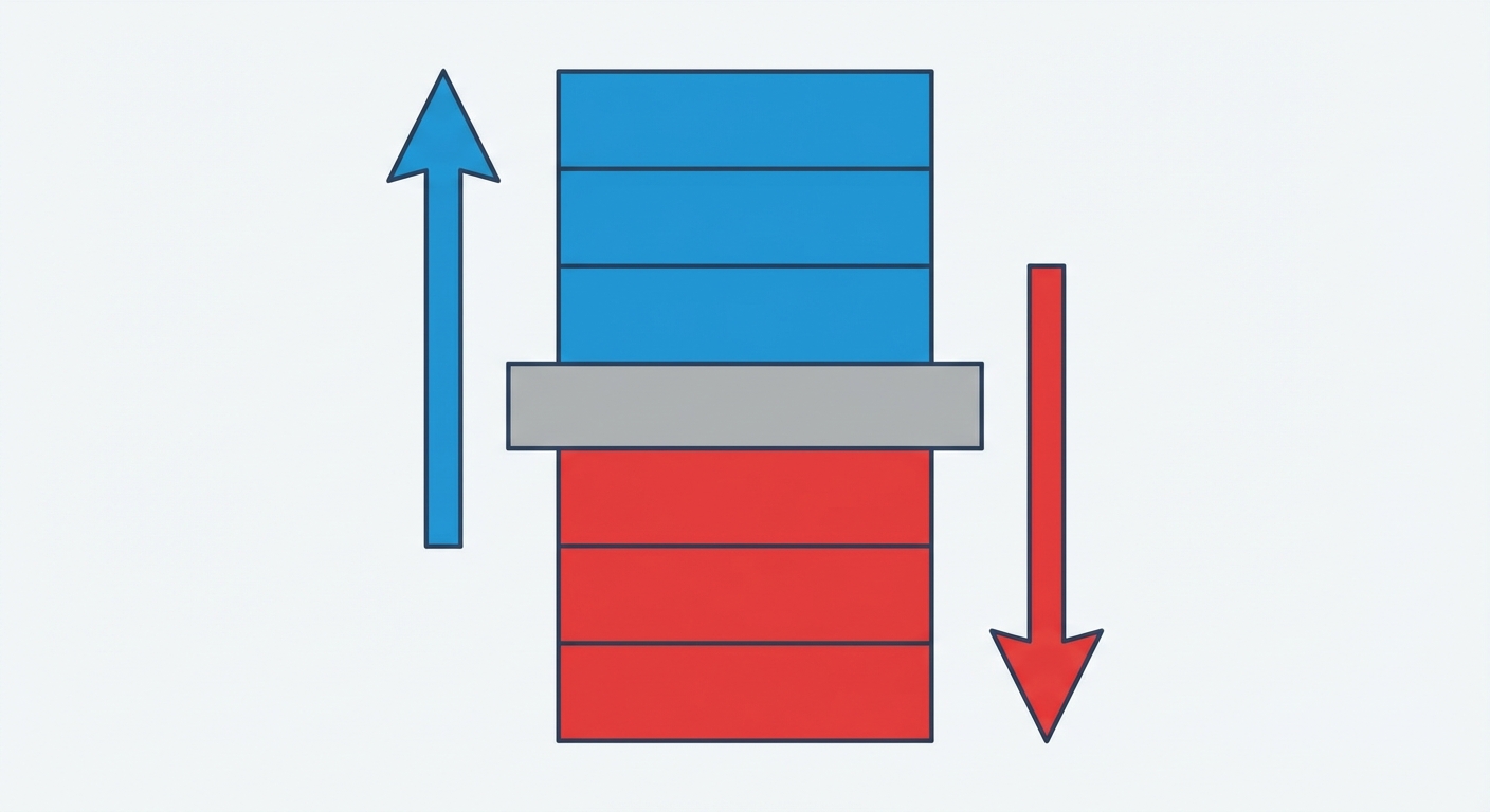 Dessin vectoriel simple et coloré d'un immeuble en coupe. Le niveau 0 est au centre. Au-dessus, les étages +1, +2, +3 sont en bleu. En dessous, les sous-sols -1, -2, -3 sont en rouge. Une flèche montre qu'on monte, une autre qu'on descend.