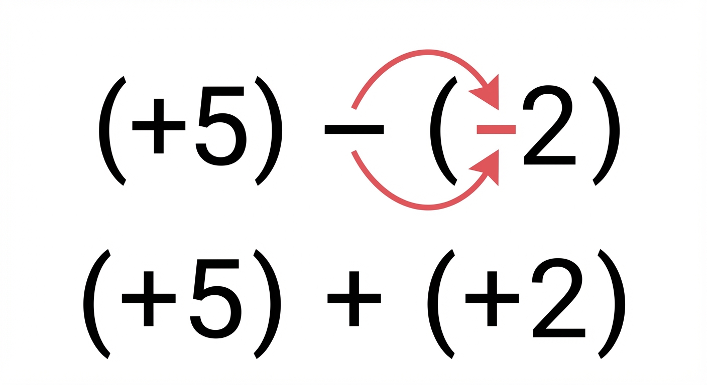 Schéma explicatif en deux lignes. Ligne 1 : l'opération (+5) - (-2). Une flèche courbe part du signe moins central et indique qu'il devient un plus. Une autre flèche part du (-2) et indique qu'il devient son opposé (+2). Ligne 2 : le résultat de la transformation (+5) + (+2).