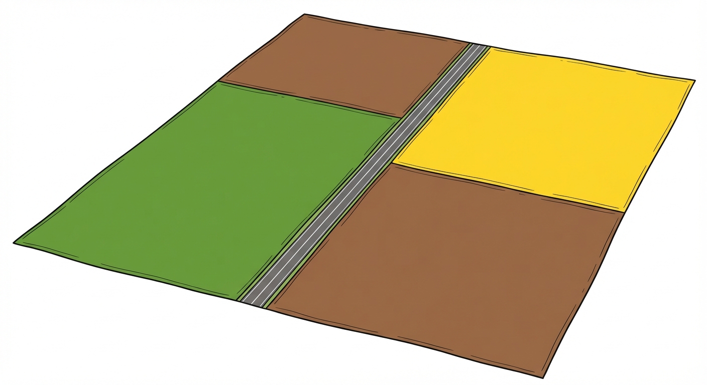 Vue aérienne d'un paysage agricole moderne de type openfield. On voit quatre immenses champs rectangulaires aux couleurs géométriques (vert, jaune, marron) sans aucune haie ni barrière entre eux. Une route goudronnée traverse le paysage.