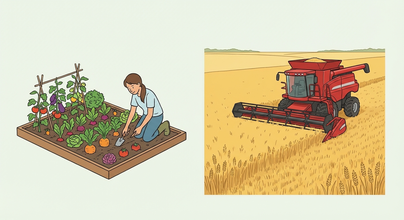 Illustration divisée en deux parties. À gauche, un petit potager coloré avec une personne qui utilise une pelle manuelle. À droite, un champ de blé immense, tout jaune et plat à perte de vue, avec une grosse moissonneuse-batteuse rouge au centre.