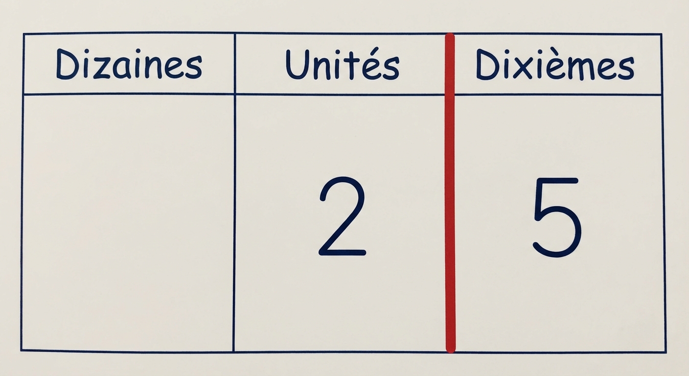Tableau de numération clair. Colonnes de gauche à droite : 'Dizaines', 'Unités', une ligne rouge épaisse verticale pour la virgule, 'Dixièmes'. Le chiffre 2 est dans Unités, le chiffre 5 est dans Dixièmes. Cela forme le nombre 2,5.