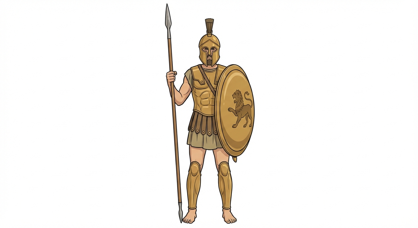 Dessin pédagogique réaliste d'un hoplite grec vue de face. Il tient une lance dans la main droite et un grand bouclier rond (aspis) décoré d'un motif animal dans la main gauche. Il porte un casque en bronze, une cuirasse et des jambières (cnémides). Fond blanc.