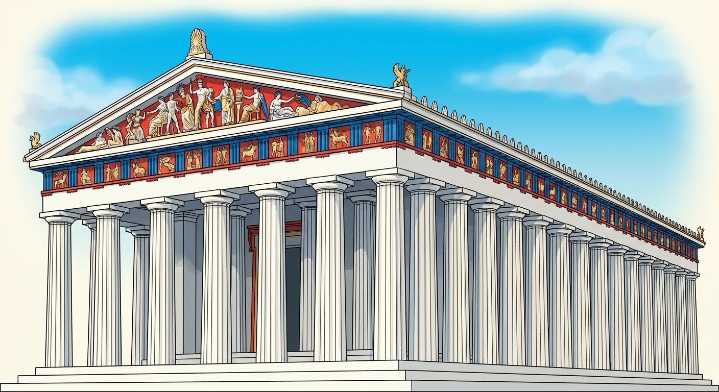 Reconstitution du Parthénon à Athènes dans l'Antiquité (intact). Grand temple en marbre blanc avec des sculptures peintes en couleurs vives (rouge, bleu, or) sur le fronton. Ciel bleu méditerranéen ensoleillé.