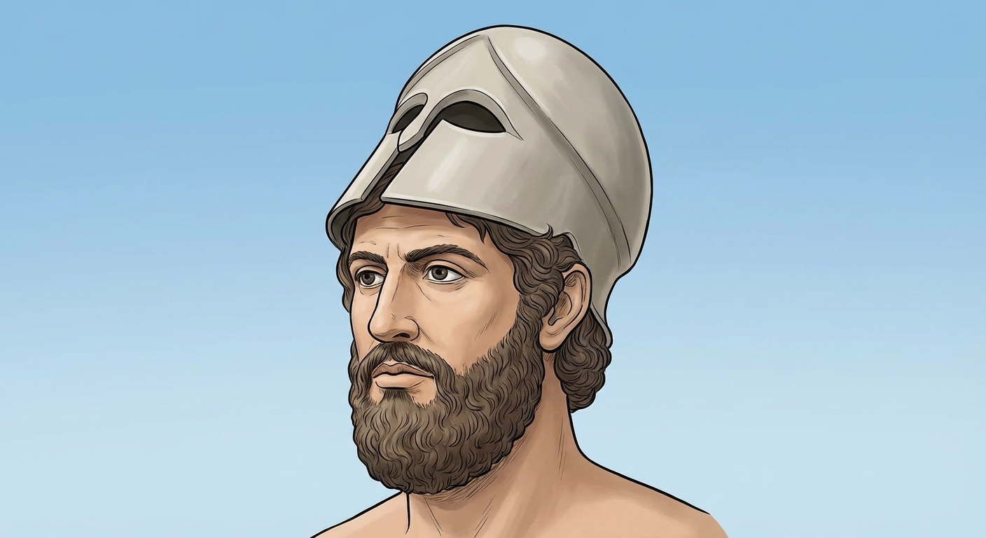 Illustration pédagogique réaliste de Périclès, style dessin historique. Vue de trois-quarts. Il porte un casque corinthien relevé sur le haut de la tête, laissant voir son visage barbu et sérieux. Fond neutre évoquant le ciel bleu de Grèce.