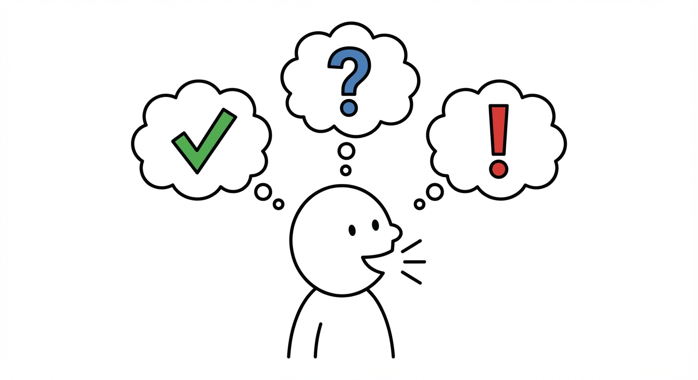 Dessin minimaliste sur fond blanc. Au centre, un personnage stylisé parle. Trois bulles de pensée sortent de sa tête. La première bulle contient un symbole 'V' vert (validé). La deuxième bulle contient un point d'interrogation bleu. La troisième bulle contient un point d'exclamation rouge.