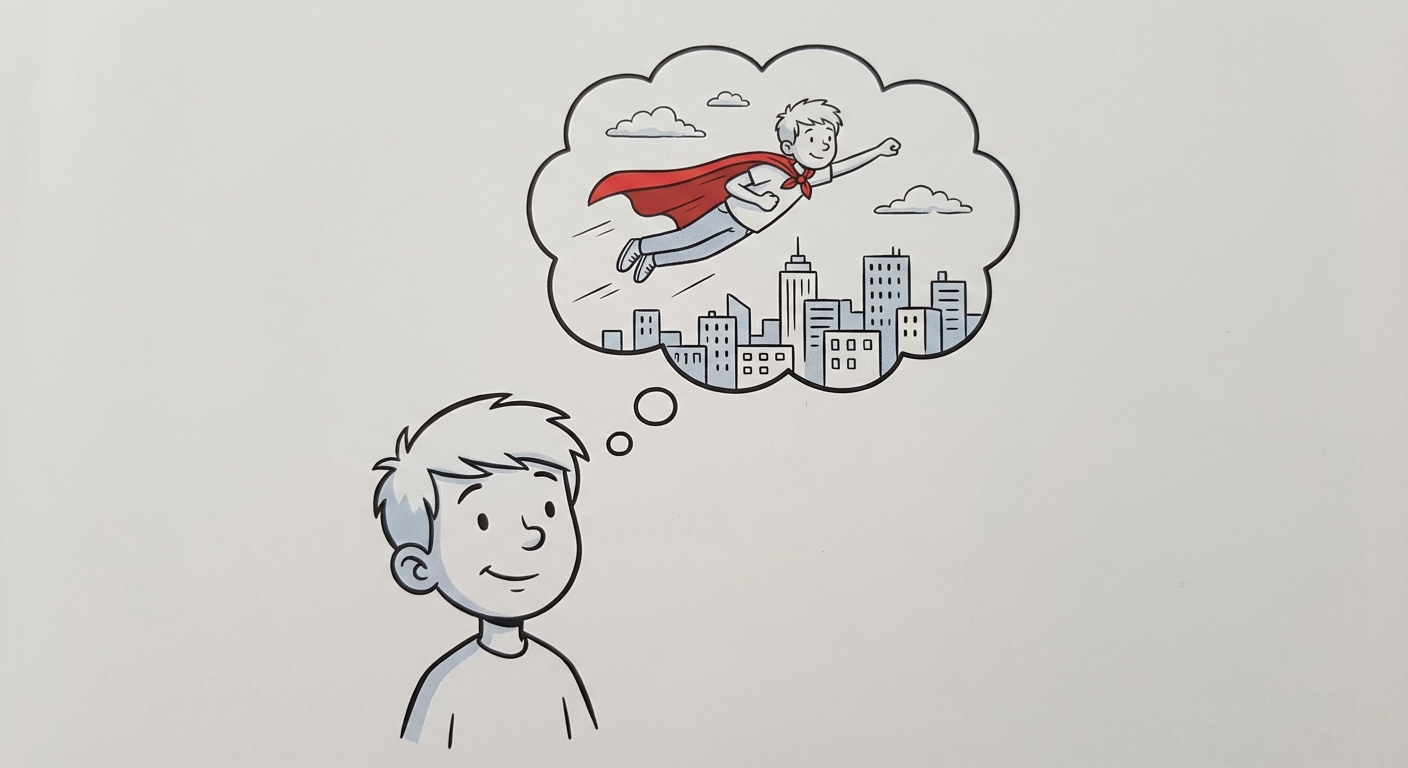 Dessin style bande dessinée simple. Un enfant a une bulle de pensée au-dessus de sa tête. Dans la bulle, il se voit avec une cape de super-héros en train de voler au-dessus d'une ville.