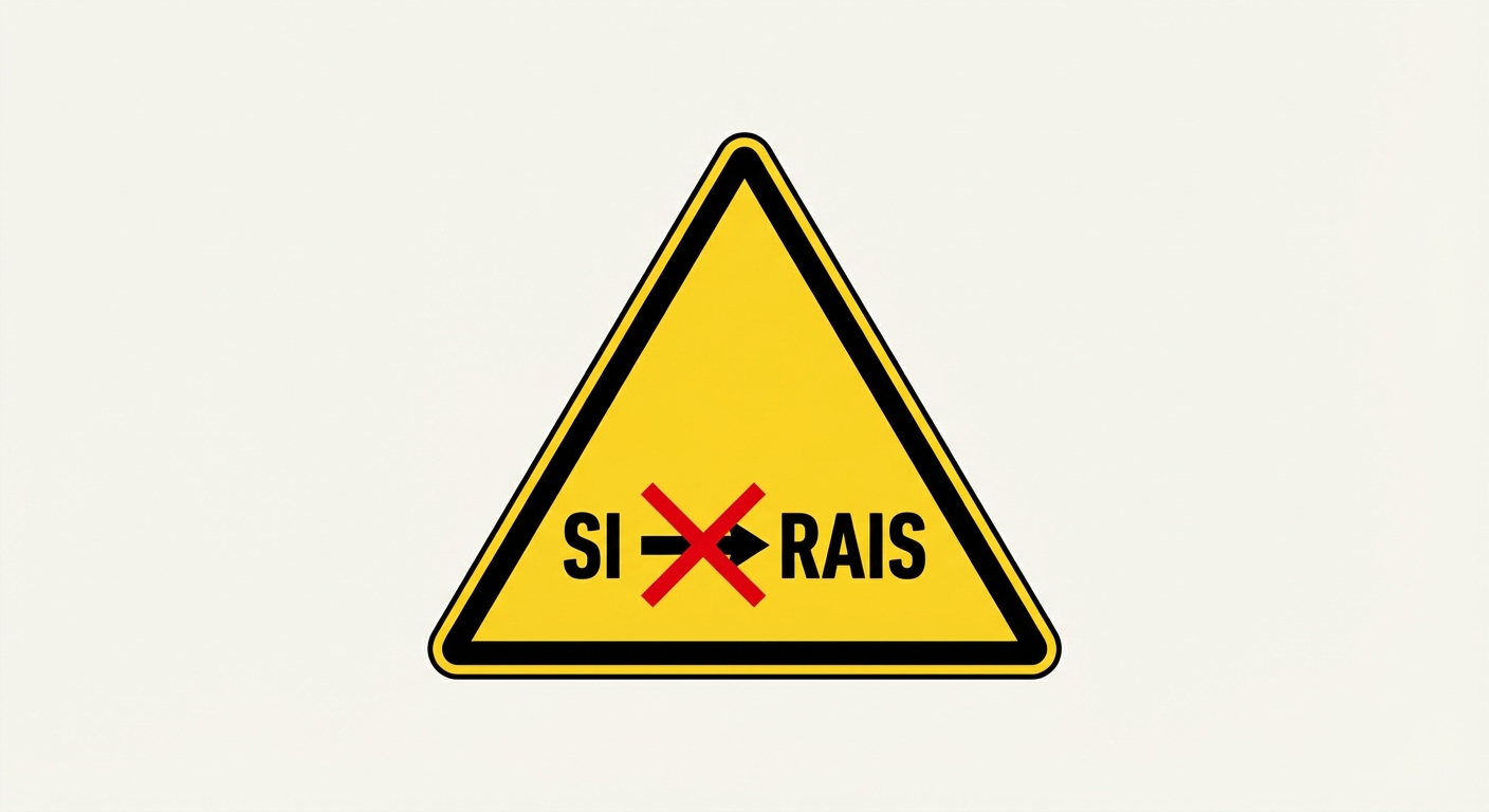 Panneau de signalisation triangulaire jaune de danger. Au centre, en noir, le mot 'SI' est suivi d'une flèche barrée d'une croix rouge pointant vers le mot 'RAIS'.