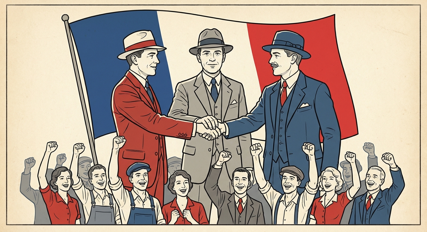 Affiche électorale style années 1930. On voit trois hommes se serrant la main devant un drapeau français tricolore. En bas, une foule joyeuse lève le poing en signe de victoire. Couleurs dominantes : rouge, bleu, blanc.