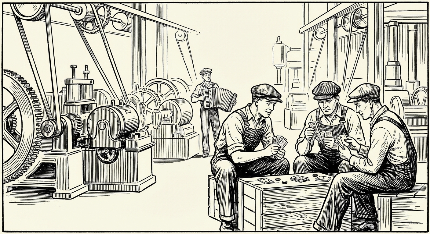 Scène en noir et blanc à l'intérieur d'une usine des années 30. Au premier plan, trois ouvriers en bleu de travail et casquette jouent aux cartes sur une caisse en bois. À l'arrière-plan, un autre joue de l'accordéon. Les machines sont à l'arrêt.