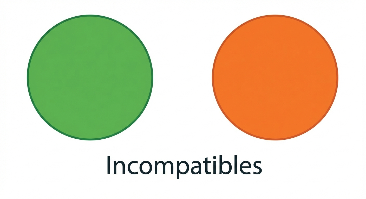 Schéma simple sur fond blanc. Deux cercles de couleur différente (un vert, un orange) posés côte à côte sans se toucher. Aucun chevauchement. Étiquette 'Incompatibles'.