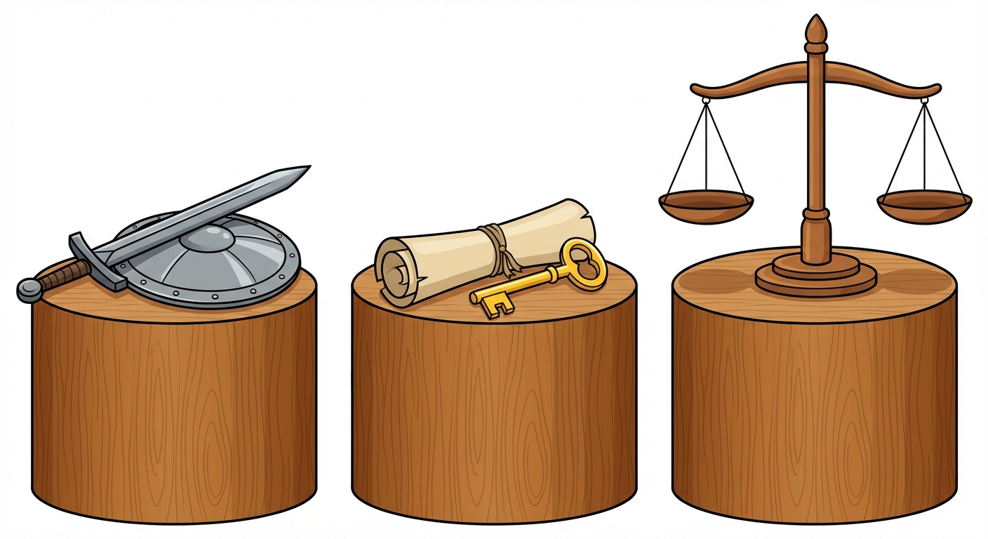 Trois objets posés sur trois socles différents style musée. Socle de gauche : une épée lourde en acier et un bouclier (symbole de sécurité/force). Socle du milieu : un parchemin roulé et une clé dorée (symbole de propriété/droit). Socle de droite : une balance équilibrée en bois (symbole d'égalité/volonté générale). Fond blanc neutre.
