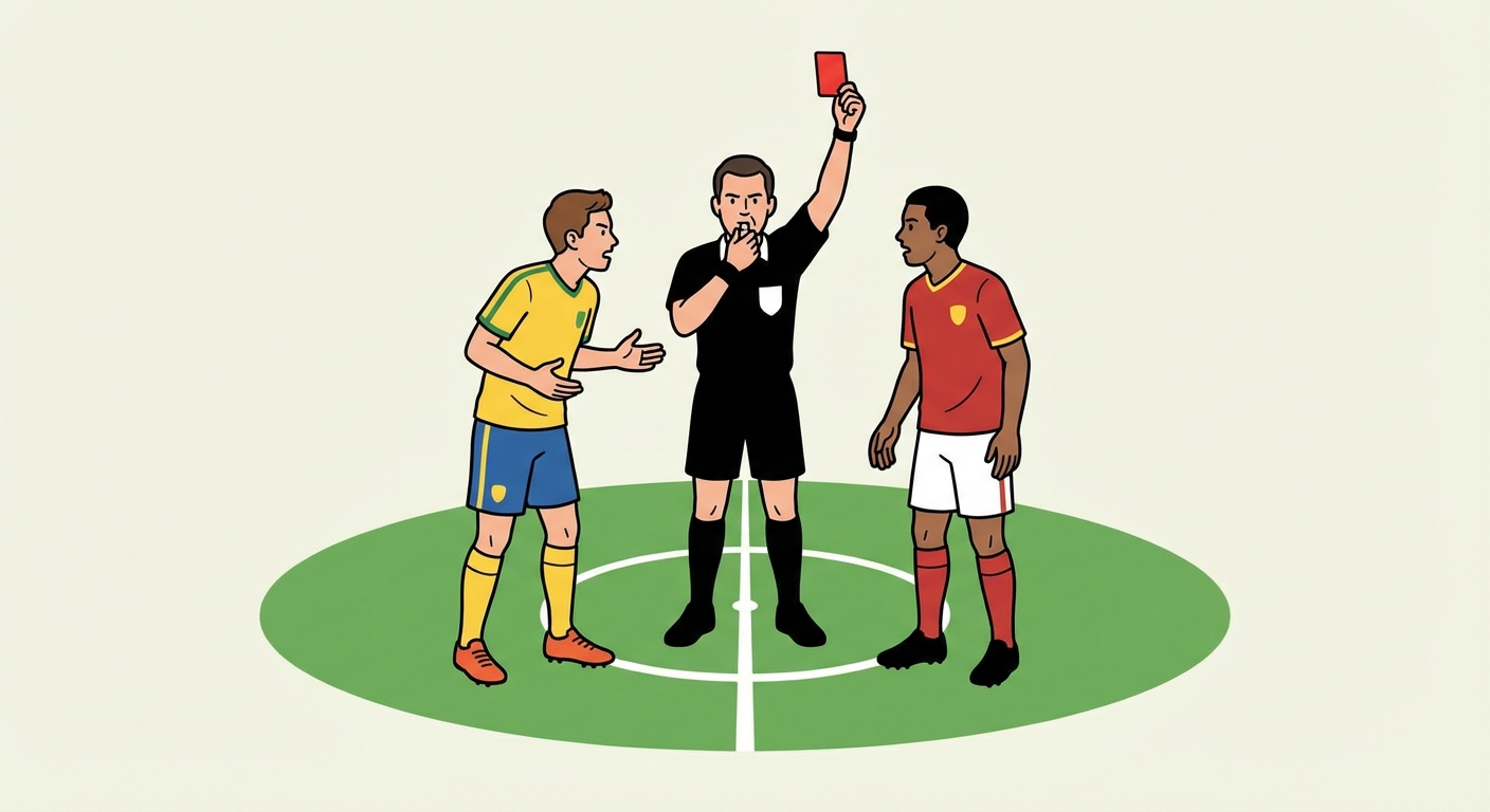 Dessin simple style bande dessinée : un terrain de sport vert. Au centre, un arbitre en tenue noire siffle fermement en levant un carton rouge. Autour de lui, deux joueurs qui se disputaient s'arrêtent et le regardent. Fond simple.