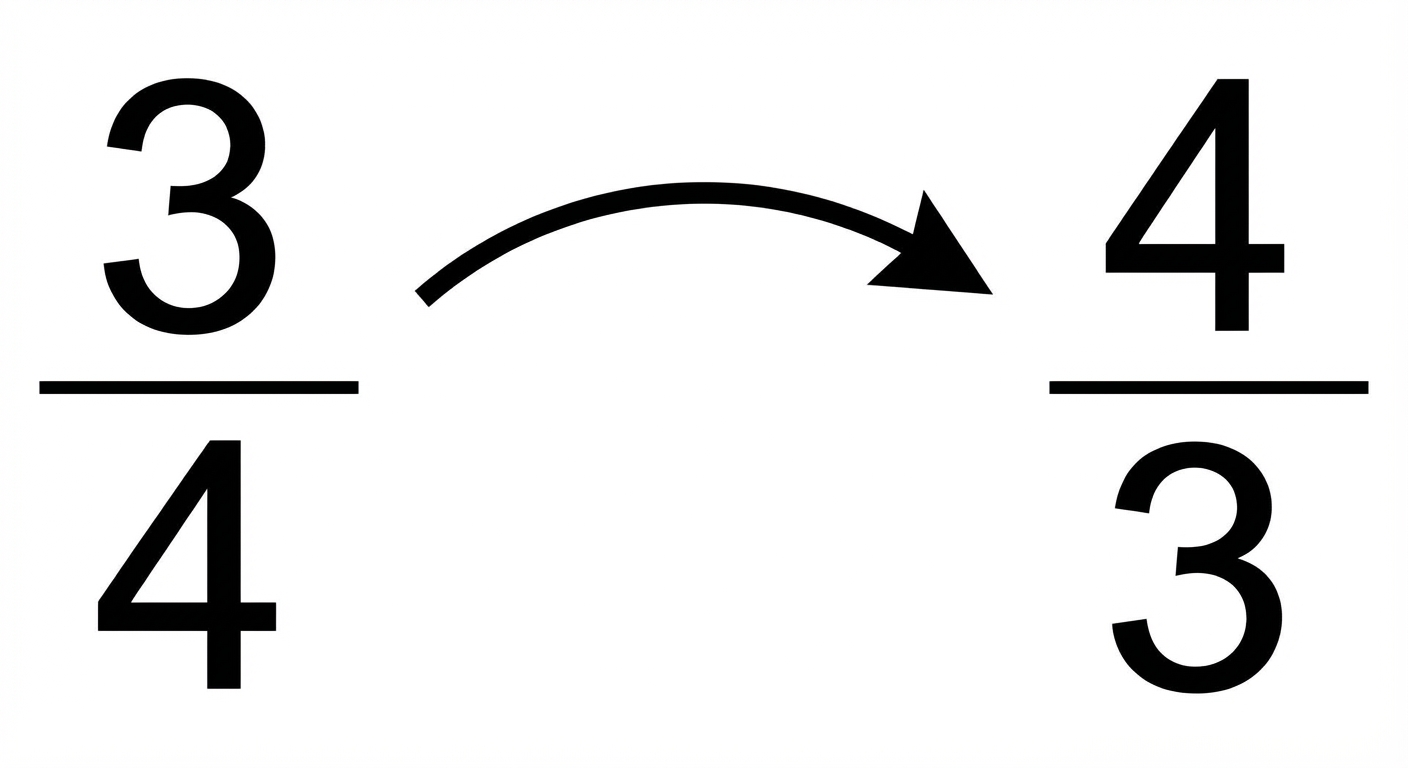 Schéma simple sur fond blanc. À gauche, une fraction écrite en grand 3 sur 4. Une flèche courbée va vers la droite. À droite, la fraction est inversée : 4 sur 3. Les chiffres sont noirs et bien lisibles.