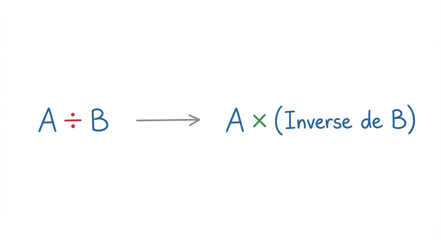 Schéma en trois étapes horizontales sur fond blanc. Étape 1 : 'A ÷ B'. Étape 2 : une flèche de transformation. Étape 3 : 'A × (Inverse de B)'. Le signe division est rouge, le signe multiplication est vert.