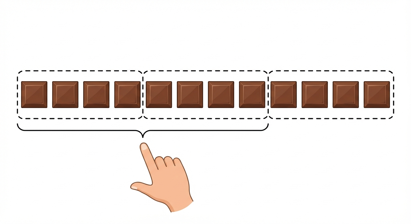 Dessin simple sur fond blanc : 12 carrés de chocolat marron alignés. Ils sont entourés par des traits pointillés pour former 3 paquets égaux de 4 chocolats chacun. Une main désigne 2 de ces paquets.