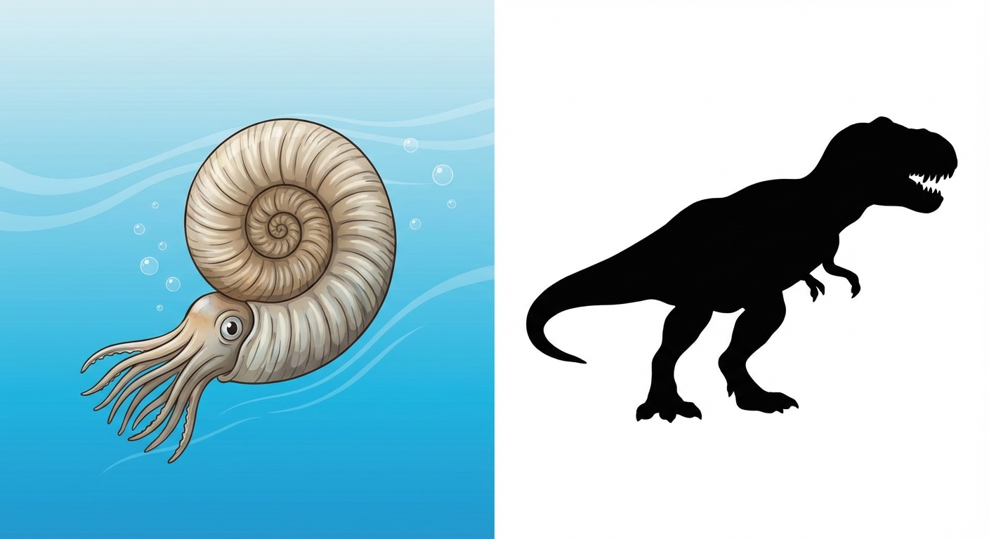 Dessin réaliste d'une ammonite, un mollusque marin avec une coquille en spirale, nageant dans l'eau bleue. À côté, une silhouette simple de Tyrannosaure noir sur fond blanc.
