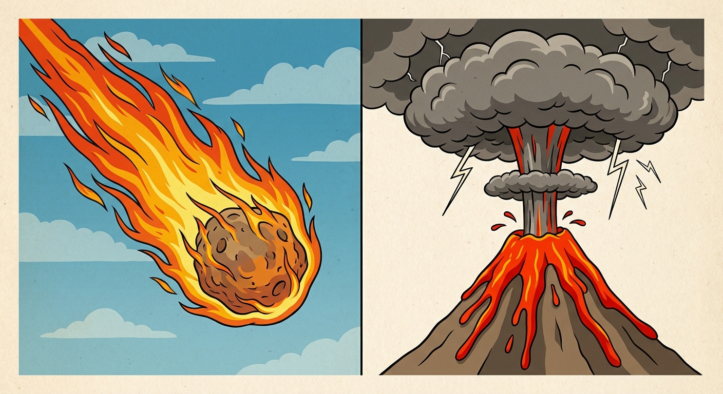 Illustration divisée en deux. À gauche, une grosse météorite en feu traverse le ciel. À droite, un volcan en éruption crache de la lave rouge et un nuage de cendres gris foncé.
