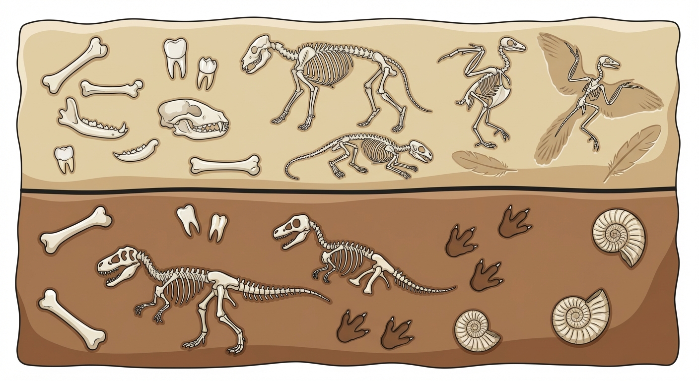 Schéma simple en coupe verticale. En bas, une couche de roche marron contenant des fossiles de dinosaures et d'ammonites. Au milieu, une fine ligne noire horizontale. Au-dessus, une couche de roche beige contenant des fossiles de mammifères et d'oiseaux. Fond blanc.