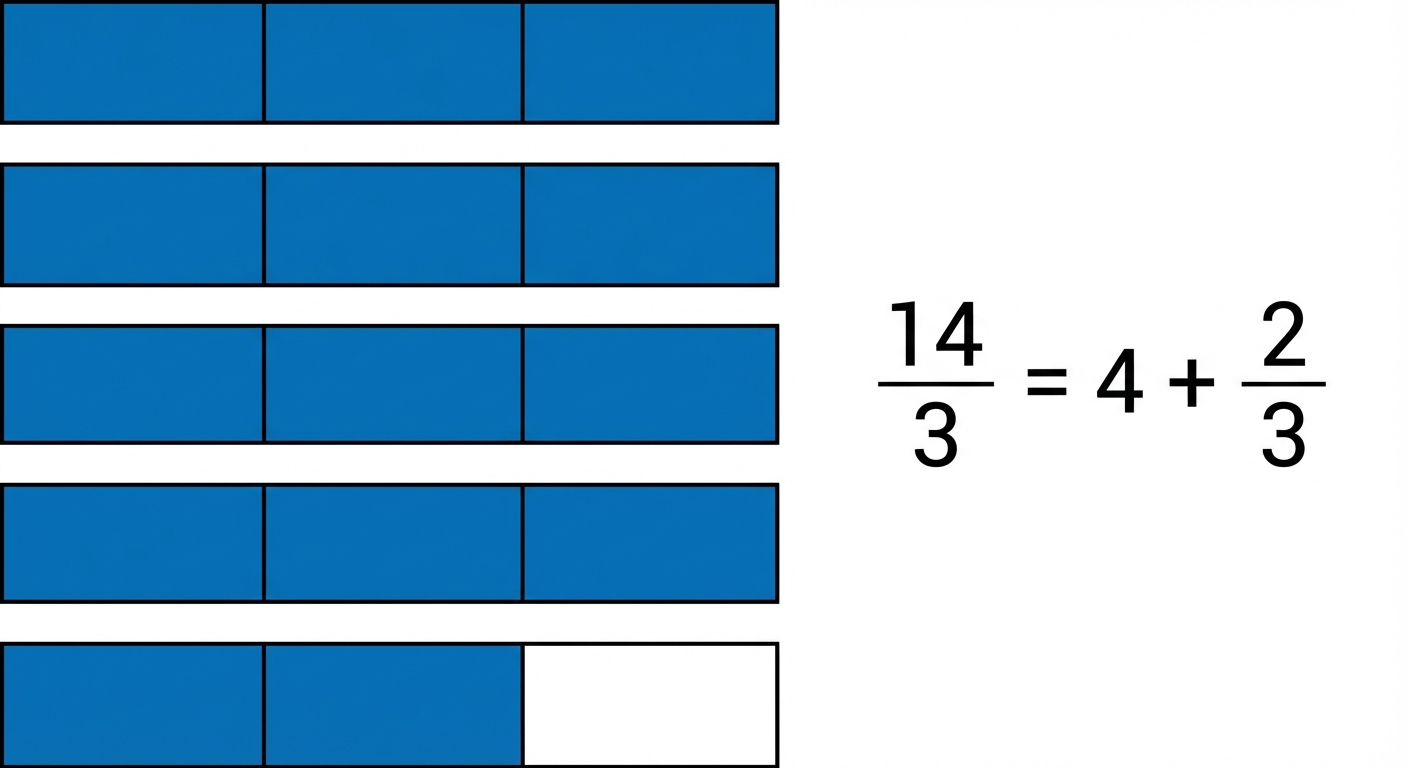 Schéma simple sur fond blanc. 5 bandes rectangulaires horizontales de même longueur alignées verticalement. Chaque bande est divisée en 3 cases (tiers). Les 4 premières bandes sont entièrement coloriées en bleu (4 entiers). La 5ème bande a seulement 2 cases coloriées en bleu et 1 case blanche. Texte '14/3 = 4 + 2/3' écrit à côté.