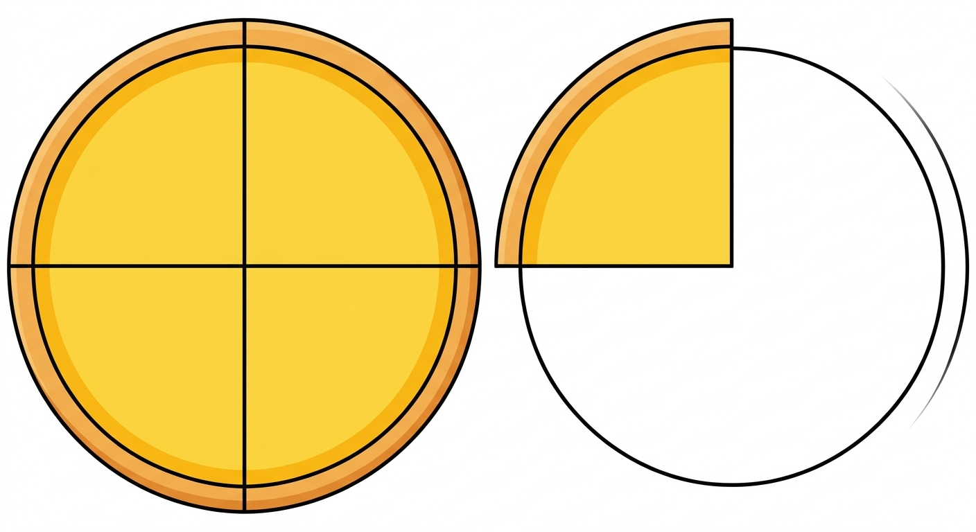 Dessin simple style cartoon : Deux pizzas rondes identiques posées côte à côte. Chaque pizza est coupée en 4 parts égales. La première pizza est entière (4 parts présentes). La deuxième pizza a une seule part présente et 3 parts manquantes. Les parts sont colorées en jaune appétissant.