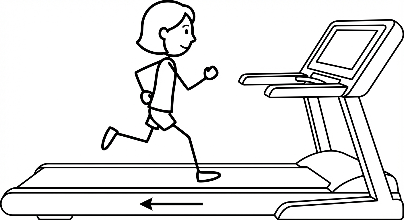 Dessin simple de profil : un personnage court sur un tapis de course. Le tapis va vers la gauche, le personnage court vers la droite. Le personnage reste au centre de l'image, immobile par rapport au cadre, bien que ses jambes soient en mouvement.