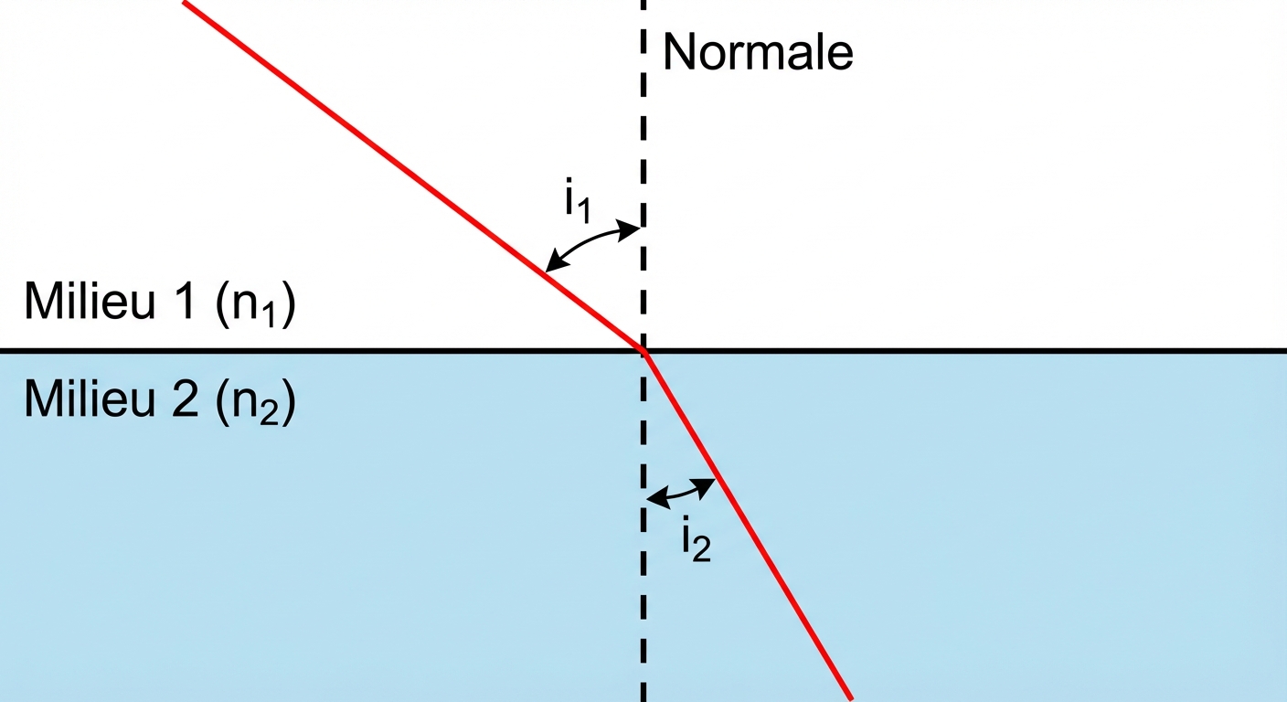 Schéma physique 2D sur fond blanc. Une ligne horizontale noire sépare deux zones : 'Milieu 1 (n1)' en haut (blanc) et 'Milieu 2 (n2)' en bas (bleu clair). Une ligne verticale en pointillés représente la Normale. Un rayon rouge arrive d'en haut à gauche, touche le centre, et repart en bas à droite en étant dévié vers la normale. L'angle entre le rayon incident et la normale est noté i1. L'angle entre le rayon réfracté et la normale est noté i2.
