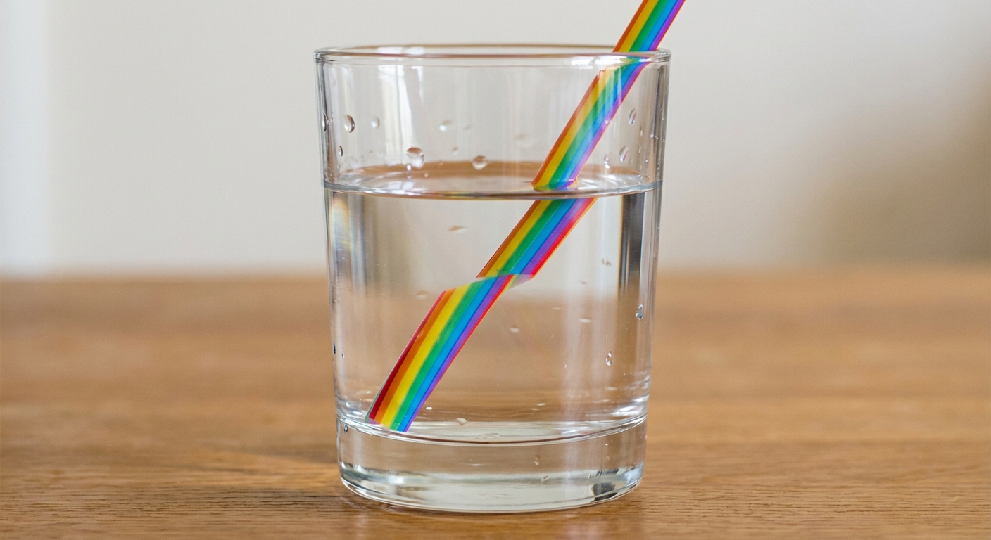 Photographie réaliste en gros plan d'un verre d'eau transparent posé sur une table. Une paille colorée est plongée dedans. Au niveau de la surface de l'eau, la paille semble brisée ou décalée : la partie immergée ne s'aligne pas avec la partie à l'air libre.