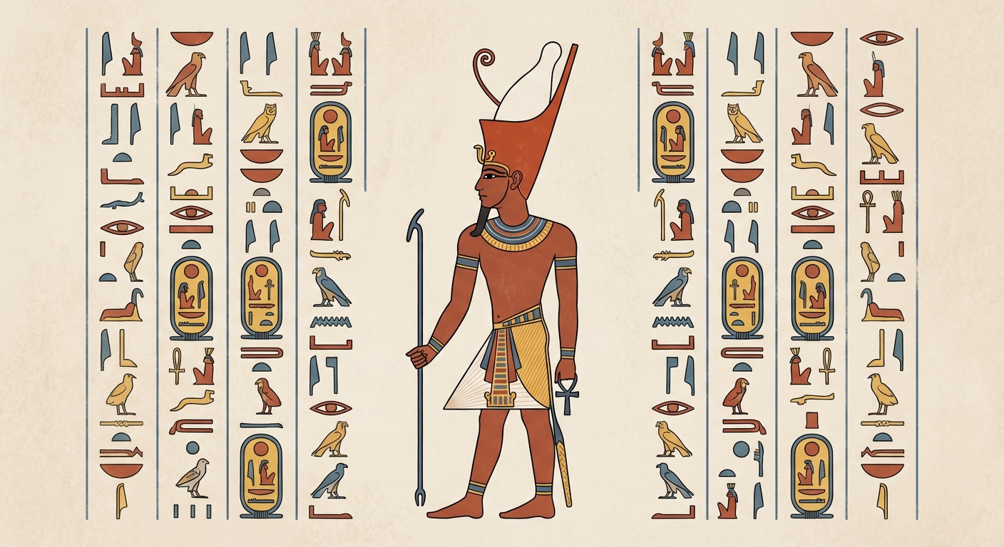 Illustration style fresque égyptienne : un pharaon de profil portant une couronne, tenant un sceptre. Autour de lui, des colonnes de hiéroglyphes.