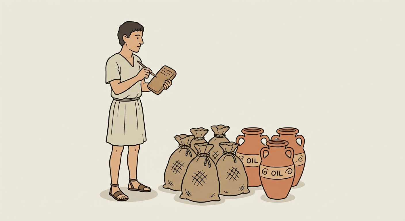 Dessin pédagogique simple : un scribe antique debout tenant une tablette d'argile, face à un tas de 5 sacs de blé et 3 jarres d'huile. Fond clair et neutre.