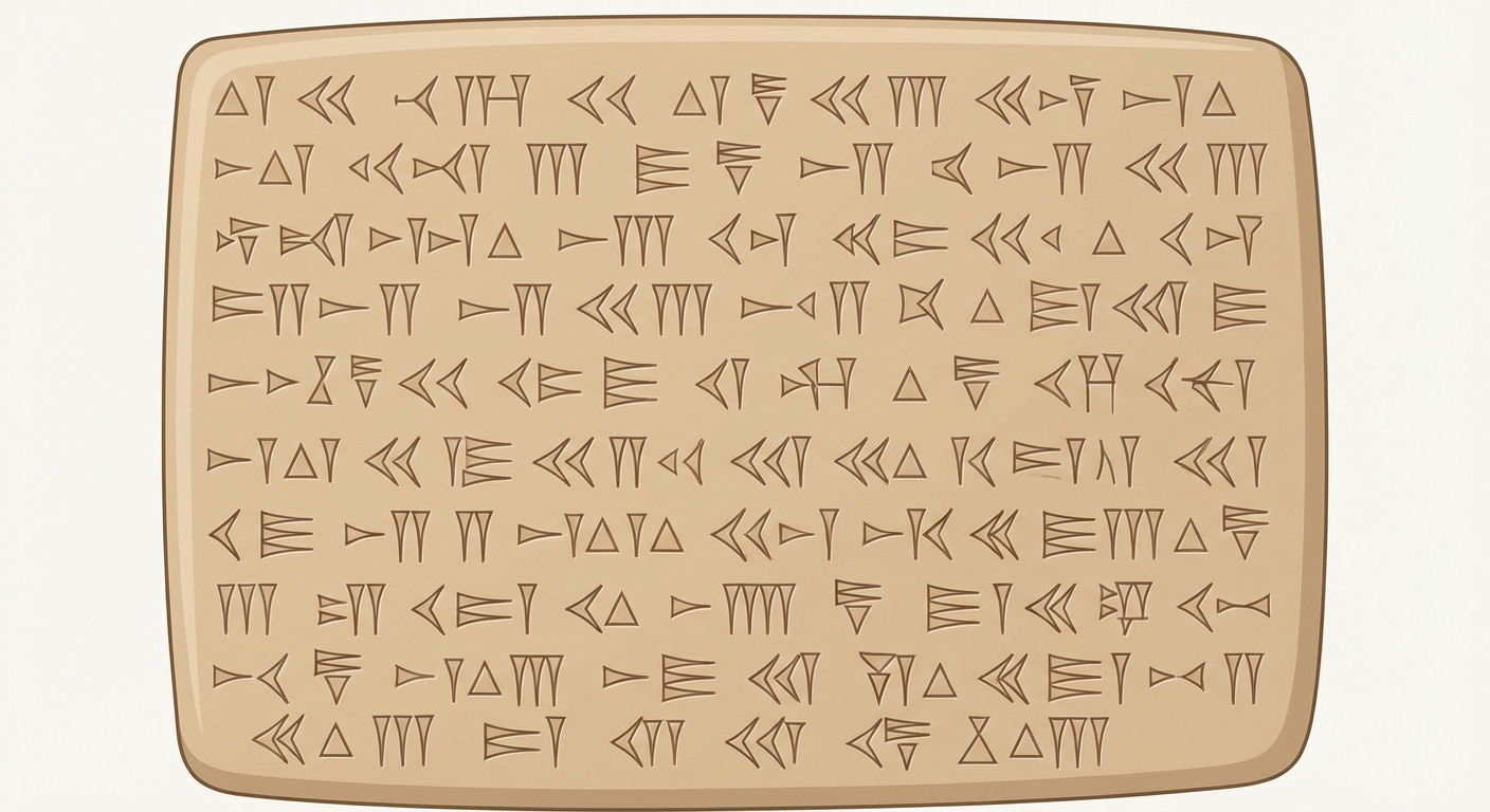 Gros plan sur une tablette d'argile beige rectangulaire. La surface est gravée de petits signes géométriques en forme de triangles et de traits (clous). Fond uni.