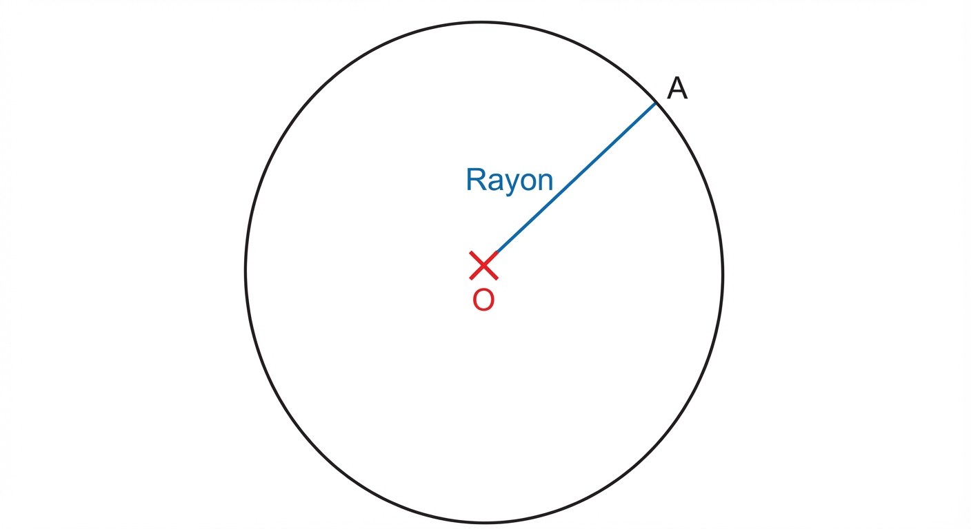 Schéma géométrique simple sur fond blanc. Un cercle noir tracé au trait fin. Le centre est marqué par une croix rouge nommée O. Un segment bleu relie le centre O à un point A sur le cercle. Ce segment est légendé Rayon.
