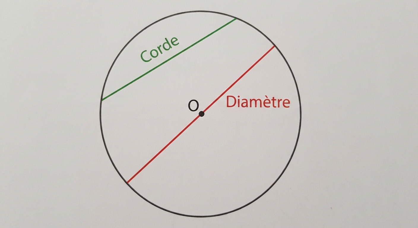 Schéma géométrique sur fond blanc. Un cercle avec un centre O. Un segment vert relie deux points du cercle sans passer par le centre, légendé Corde. Un segment rouge relie deux points du cercle en passant par le centre O, légendé Diamètre.
