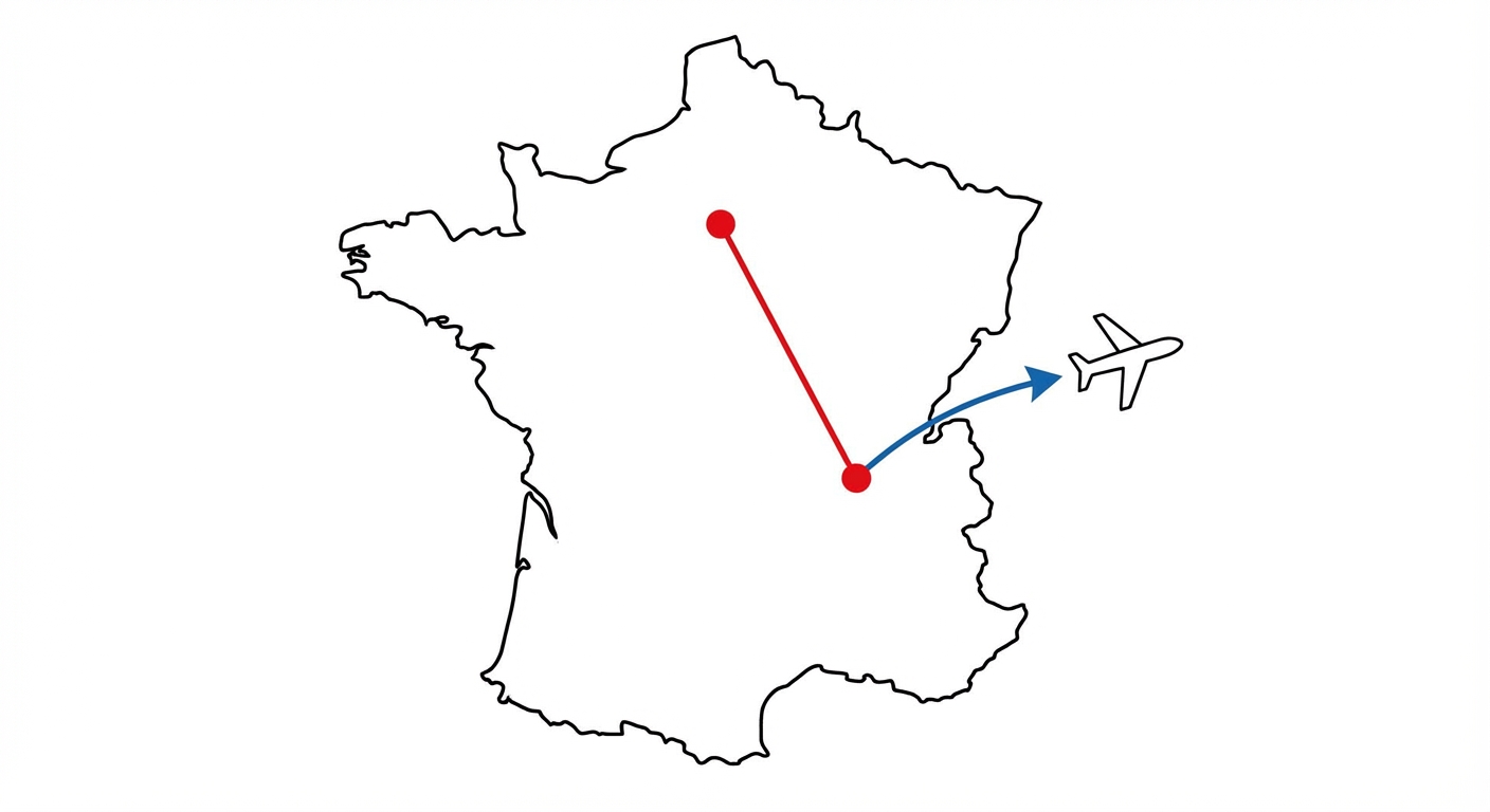 Dessin simple d'une carte de France sur fond blanc. À l'intérieur du pays, une ligne rouge relie deux points pour montrer un trajet national. Depuis un point, une flèche bleue pointe vers l'extérieur du pays avec un petit dessin d'avion pour montrer un trajet mondial. Aucun texte sur l'image.