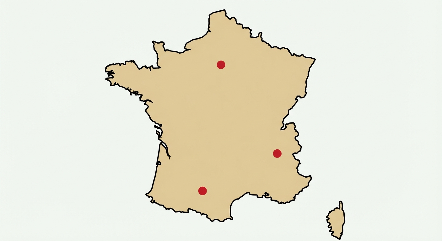 Carte de France scolaire simplifiée. Trois points rouges marqués : un en région parisienne (Paris-Saclay), un dans le sud-ouest (Toulouse) et un dans les Alpes (Grenoble).