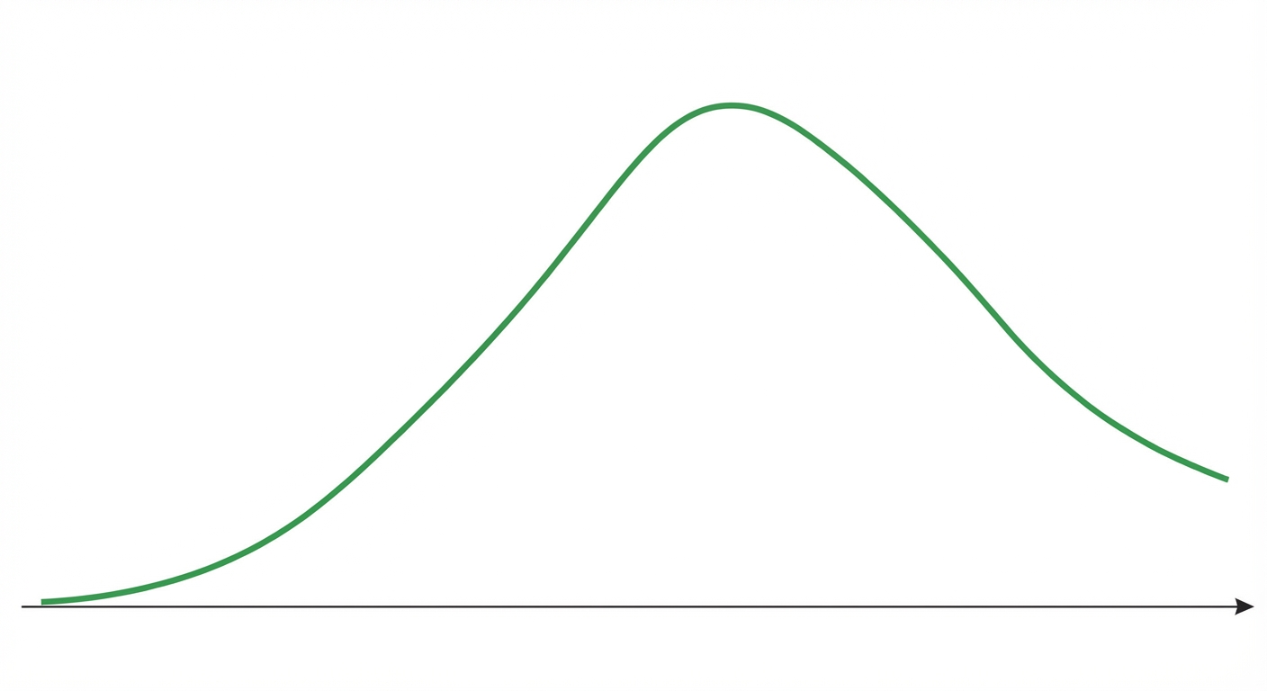 Une courbe en forme de cloche sur un graphique simple fond blanc. L'axe horizontal est l'âge (de 18 à 90 ans). La courbe commence bas à 18 ans, monte pour atteindre un sommet vers 50-60 ans, puis redescend doucement après 80 ans. La courbe est verte.