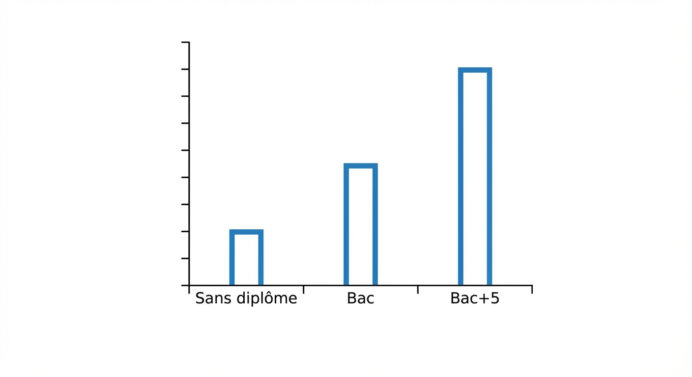 Graphique simplifié en barres verticales sur fond blanc. L'axe horizontal représente le niveau de diplôme (Sans diplôme, Bac, Bac+5). L'axe vertical représente le taux de participation politique. Les barres sont bleues et leur hauteur augmente nettement avec le niveau de diplôme.