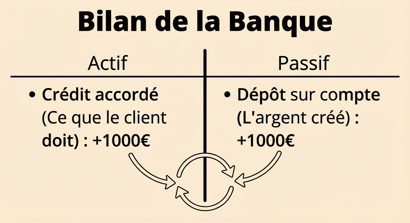 Un tableau en forme de T représentant un bilan comptable simplifié. Titre : 'Bilan de la Banque'. Colonne de gauche (Actif) : 'Crédit accordé (Ce que le client doit) : +1000€'. Colonne de droite (Passif) : 'Dépôt sur compte (L'argent créé) : +1000€'. Flèches montrant l'équilibre.
