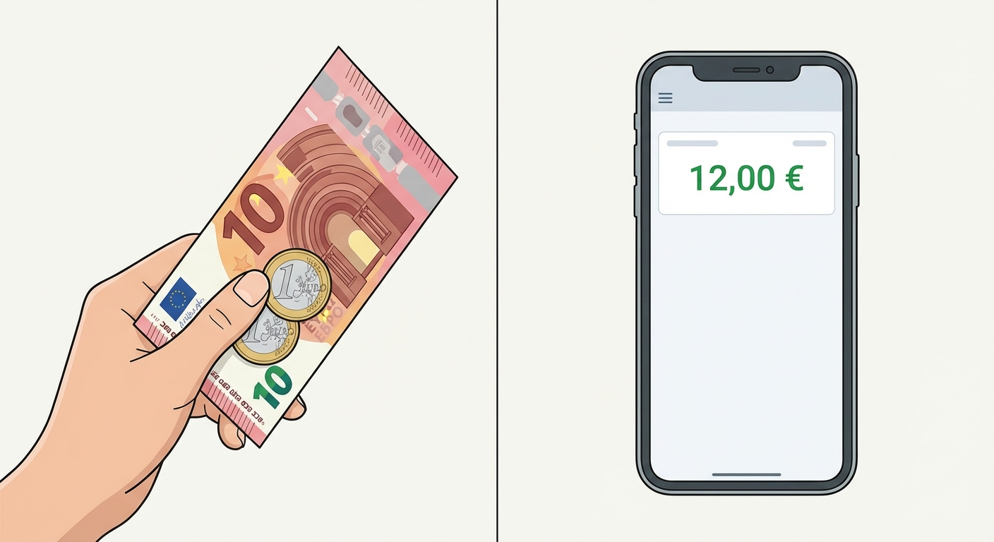 Illustration divisée en deux parties. À gauche, une main tient un billet de 10 euros et deux pièces de 1 euro (fiduciaire). À droite, un écran de smartphone affiche une application bancaire avec le solde '12,00 €' en vert (scripturale). Fond simple et épuré.