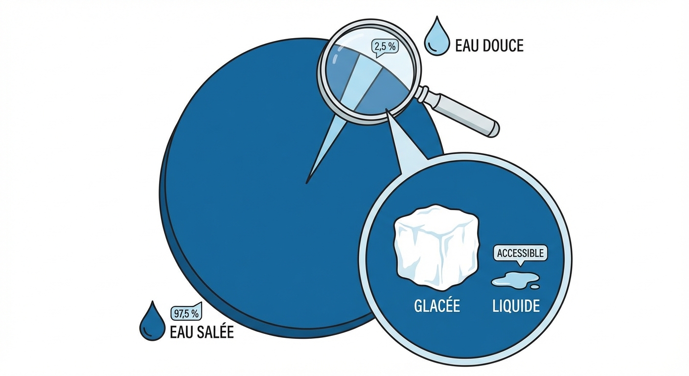 Un diagramme circulaire simple sur fond blanc. Une très grande portion bleue foncé représente 97,5 % d'eau salée. Une toute petite portion bleu clair représente 2,5 % d'eau douce. Une loupe grossit la part d'eau douce pour montrer qu'une grande partie est glacée et qu'une infime partie est liquide et accessible.
