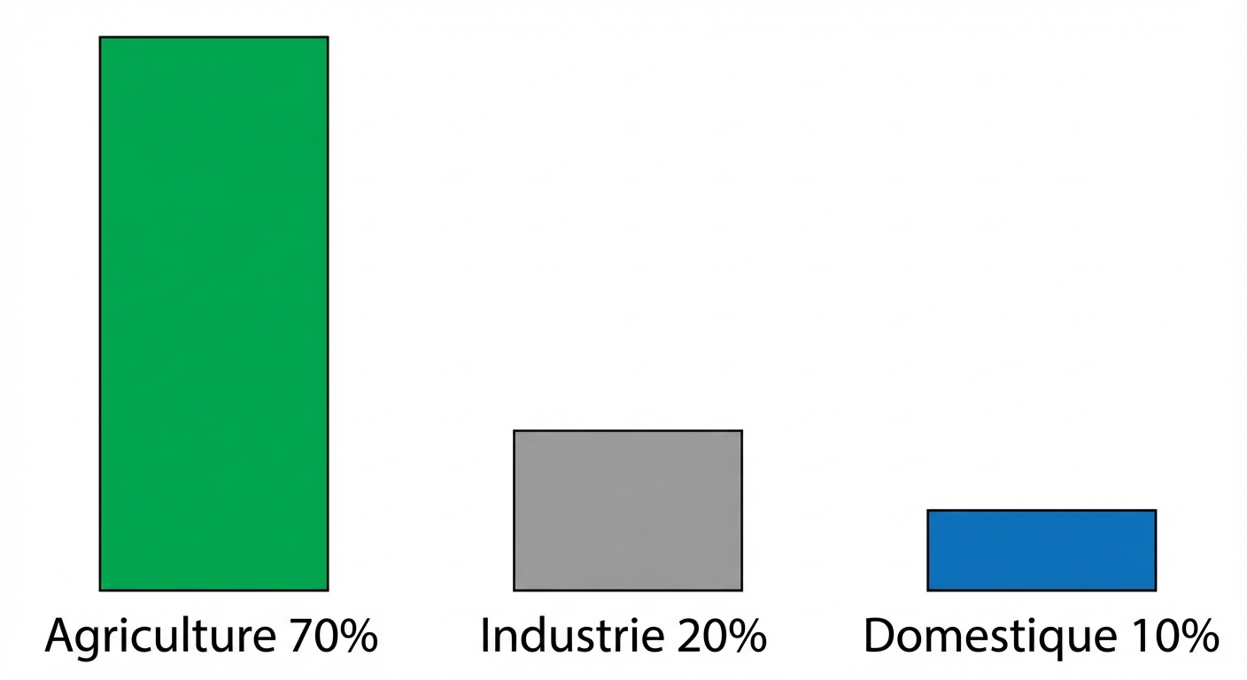 Un graphique à barres verticales simple et coloré. La première barre est très haute, verte, étiquetée 'Agriculture 70%'. La deuxième barre est moyenne, grise, étiquetée 'Industrie 20%'. La troisième barre est petite, bleue, étiquetée 'Domestique 10%'.
