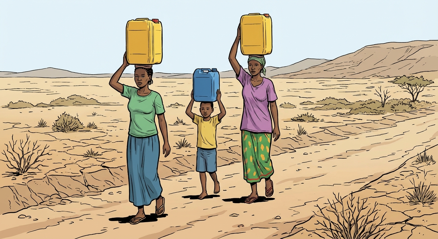 Dessin réaliste type bande dessinée. Trois personnes marchent sur un chemin de terre sec. Deux femmes et un enfant portent des bidons jaunes ou bleus sur la tête. Le paysage est aride.