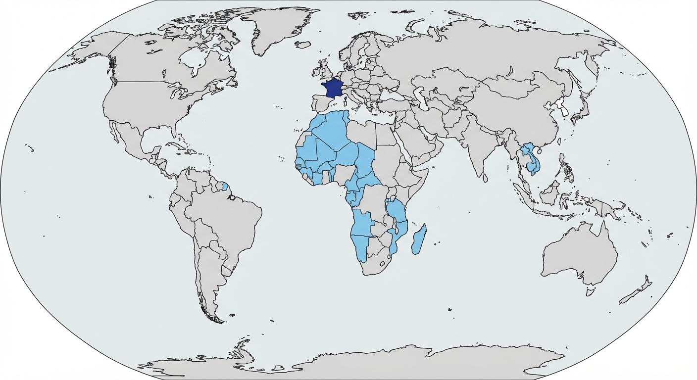 Carte du monde simplifiée style scolaire sur fond blanc. La France métropolitaine est en bleu foncé. Une grande partie de l'Afrique de l'Ouest (AOF, AEF), Madagascar et l'Indochine sont coloriées en bleu clair pour montrer les colonies. Les océans sont gris clair.