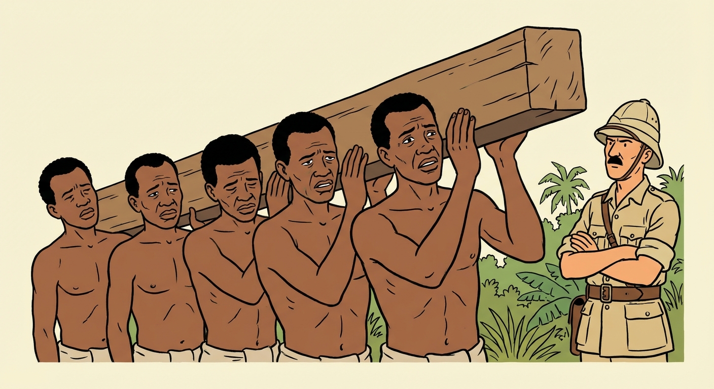 Illustration de chantier colonial. Au centre, cinq hommes torse nu transportent une lourde traverse de chemin de fer en bois sur leurs épaules, visages fatigués. Sur le côté droit, un garde en uniforme surveille la scène les bras croisés. Arrière-plan de végétation tropicale.