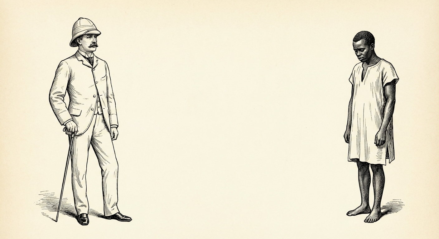 Dessin réaliste style gravure du 19ème siècle. À gauche, un homme européen debout, portant un costume clair, un chapeau colonial et une canne, l'air fier. À droite, un paysan africain pieds nus, vêtu d'une tunique simple, la tête légèrement baissée. Fond blanc neutre.