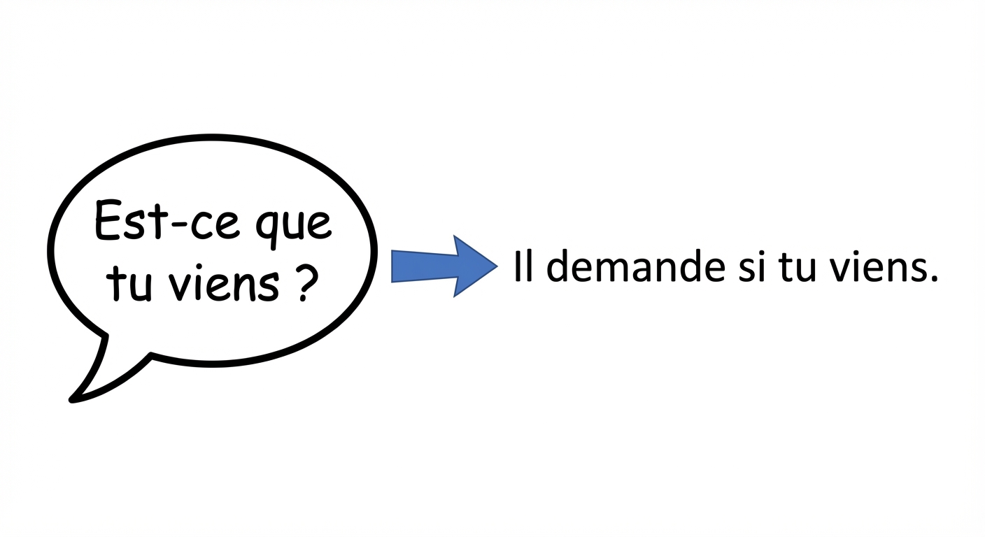 Schéma simple en deux parties sur fond blanc. À gauche, une bulle de BD contient le texte 'Est-ce que tu viens ?'. À droite, une phrase linéaire sans bulle indique 'Il demande si tu viens.'. Une flèche bleue pointe de la bulle vers la phrase linéaire.