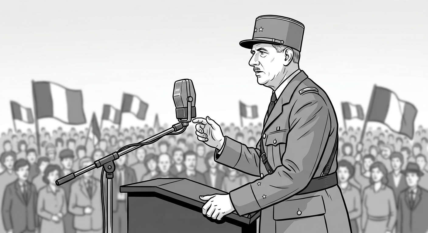 Dessin réaliste en noir et blanc style historique. Au premier plan, le général de Gaulle en uniforme militaire, vu de profil, s'adressant à un micro des années 50. En arrière-plan flou, une foule nombreuse avec des drapeaux français.