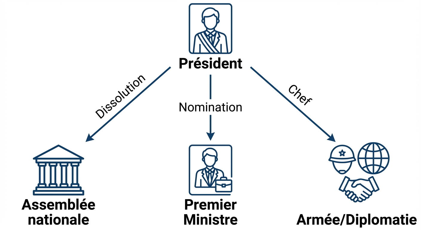 Schéma simple et coloré sur fond blanc. Au sommet, un cercle 'Président'. Une flèche descend vers 'Premier Ministre' (Nomination). Une flèche va vers 'Assemblée nationale' (Dissolution). Une flèche va vers 'Armée/Diplomatie' (Chef).